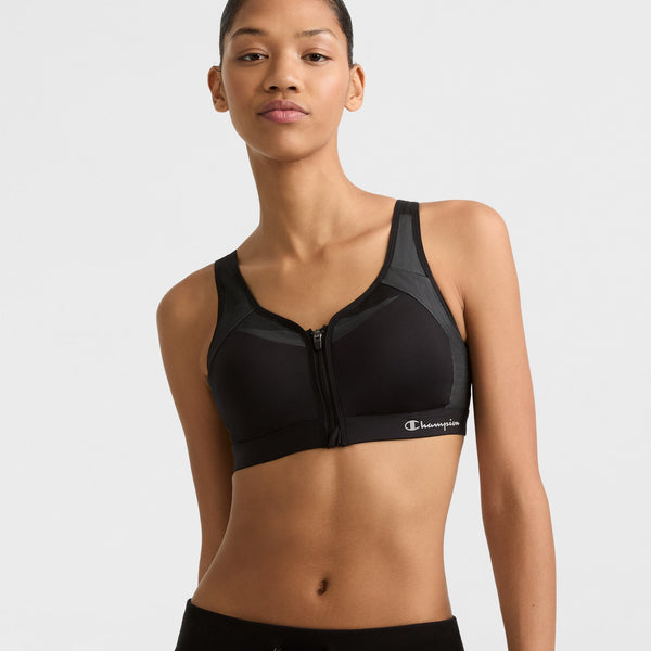 Motion Control Zip Sports Bra, Wirefree, Script Logo